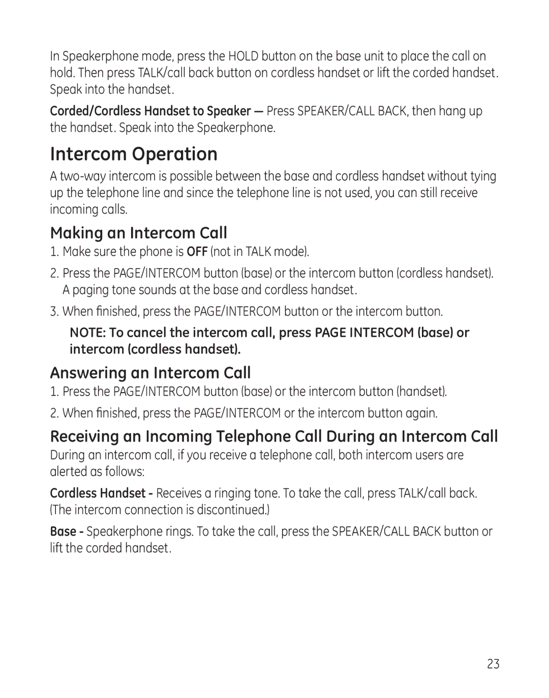 GE 27881 manual Intercom Operation, Making an Intercom Call, Answering an Intercom Call 