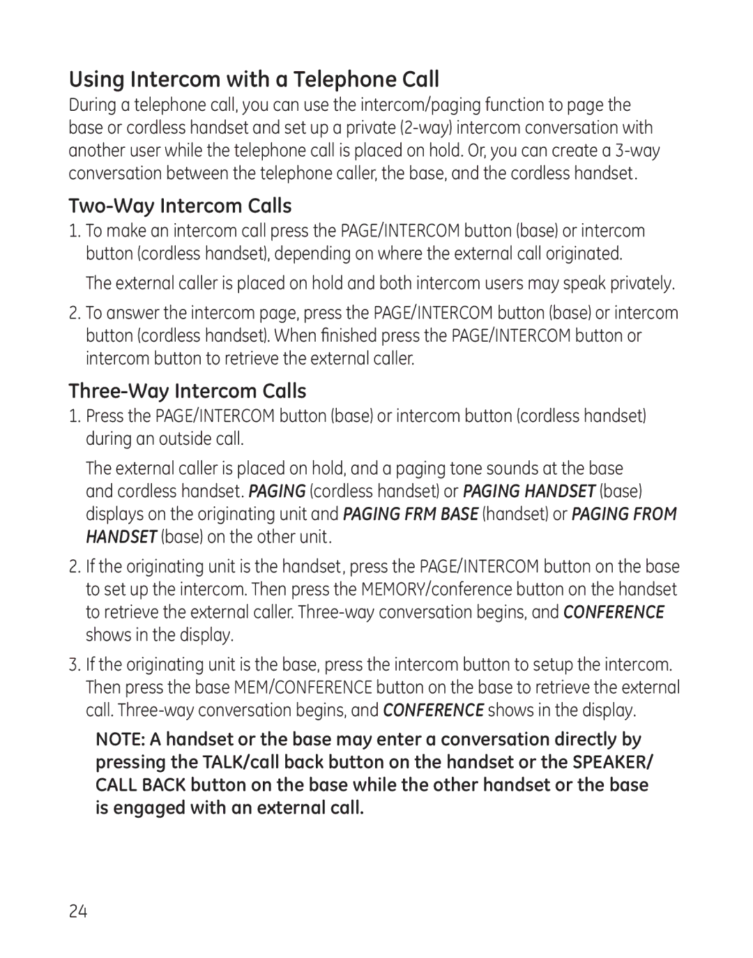 GE 27881 manual Using Intercom with a Telephone Call, Two-Way Intercom Calls, Three-Way Intercom Calls 