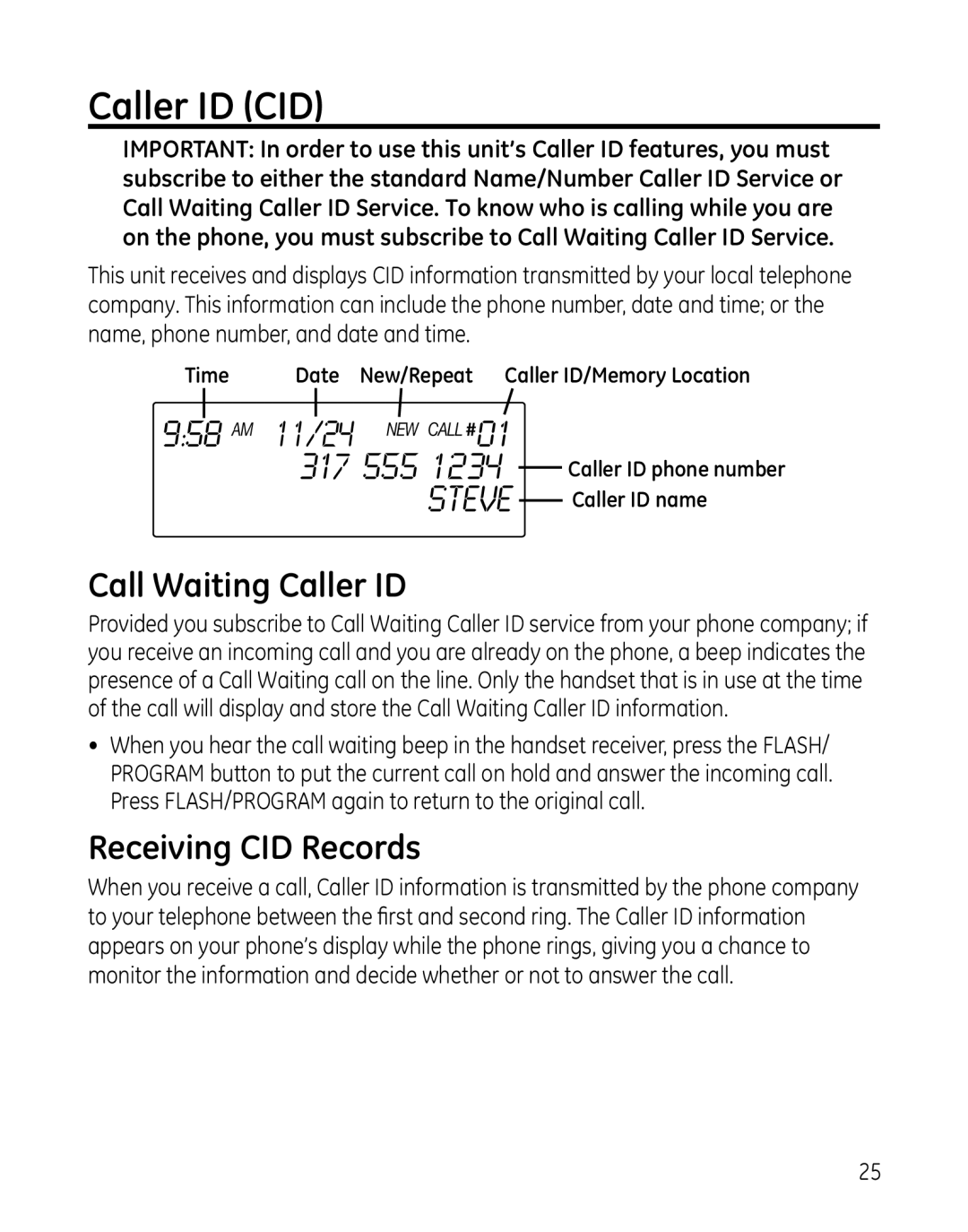 GE 27881 manual Caller ID CID, Call Waiting Caller ID, Receiving CID Records 