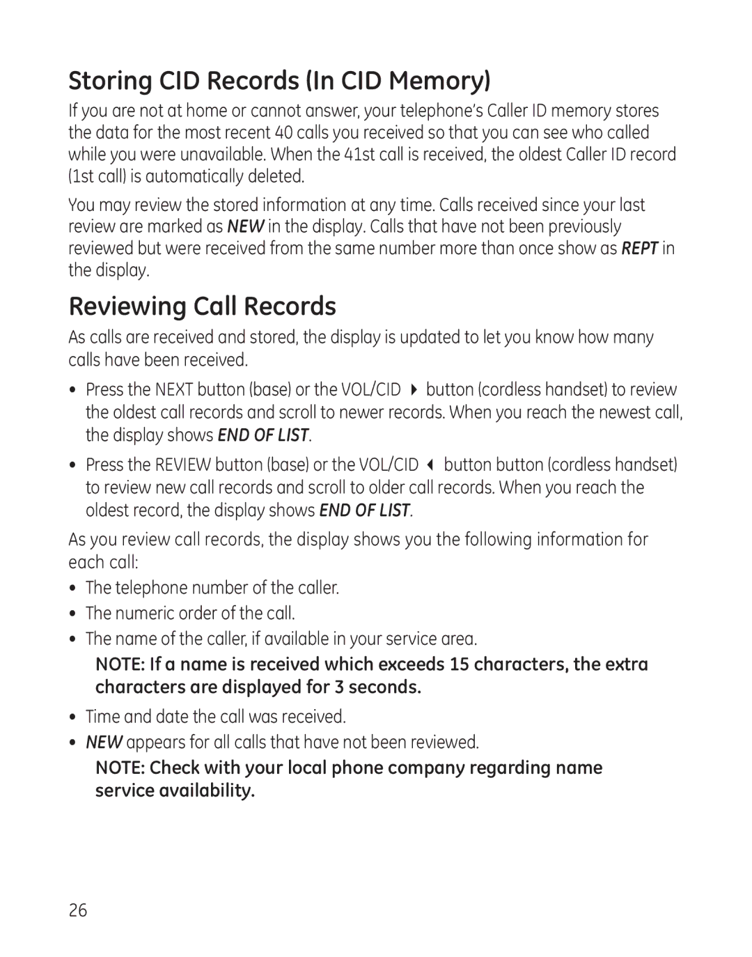 GE 27881 manual Storing CID Records In CID Memory, Reviewing Call Records 