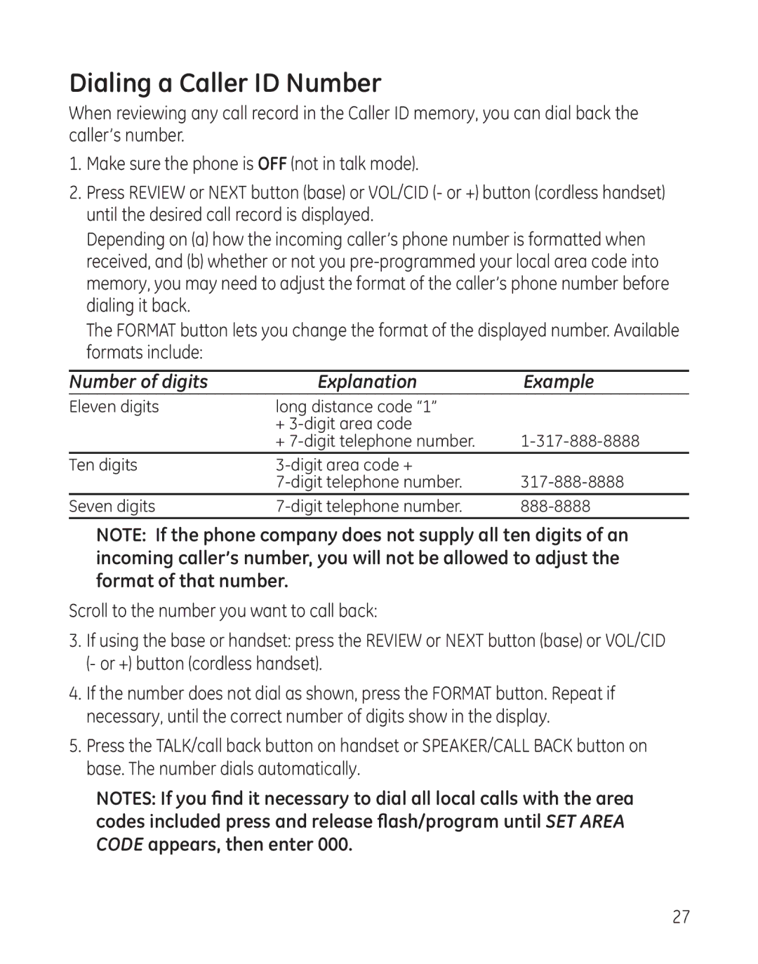 GE 27881 manual Dialing a Caller ID Number, Number of digits Explanation Example 