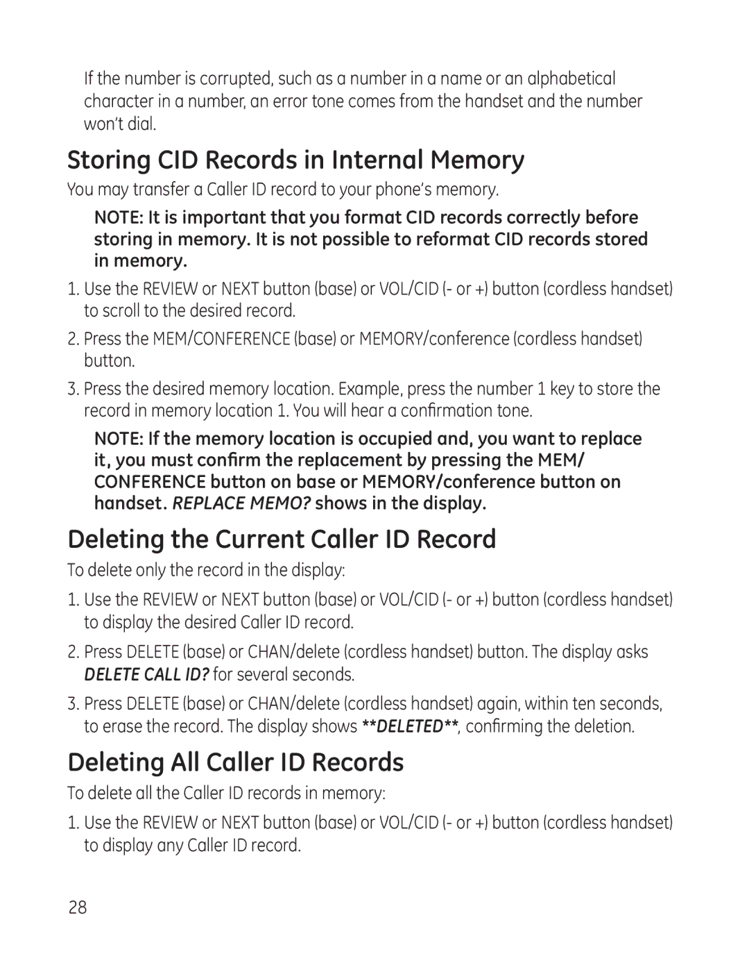 GE 27881 Storing CID Records in Internal Memory, Deleting the Current Caller ID Record, Deleting All Caller ID Records 