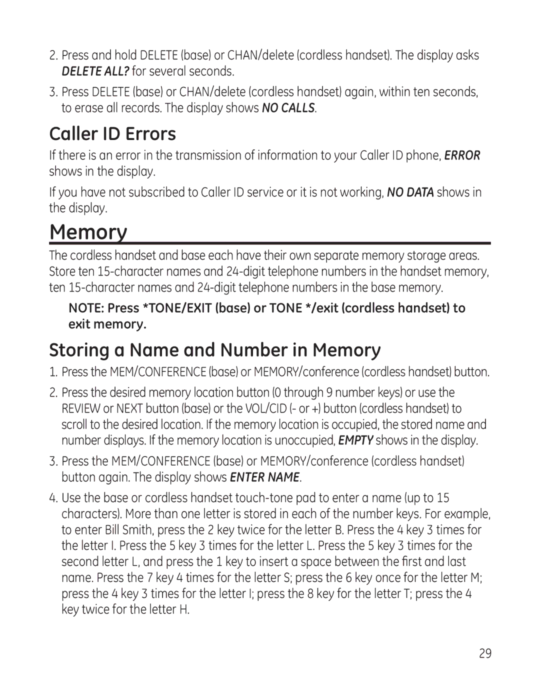 GE 27881 manual Caller ID Errors, Storing a Name and Number in Memory 