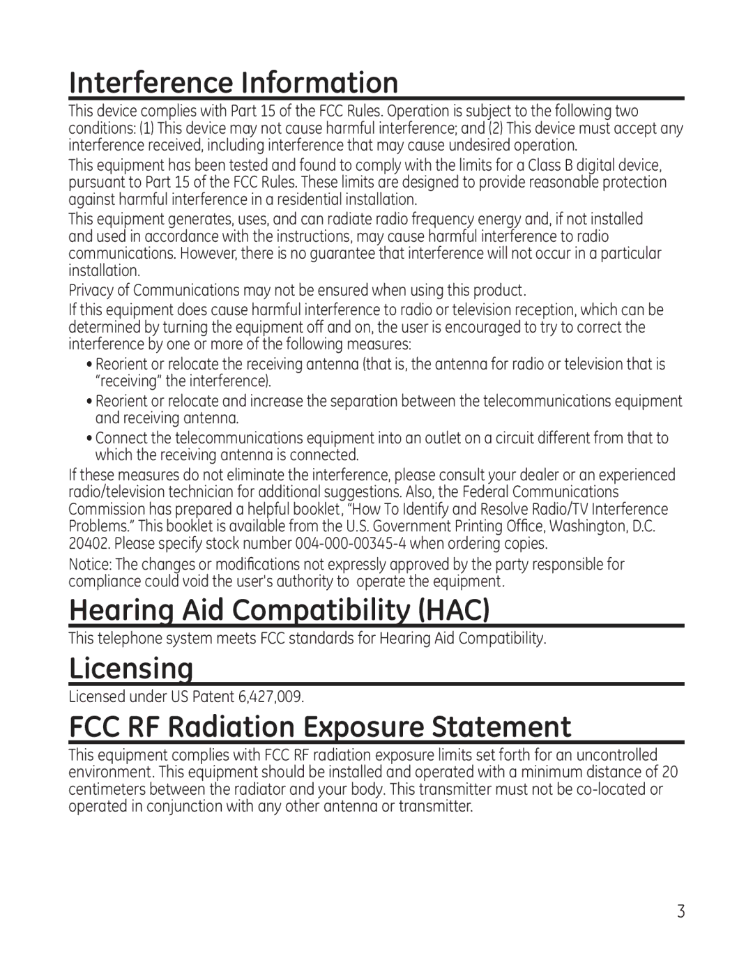 GE 27881 manual Interference Information, Hearing Aid Compatibility HAC, Licensing, FCC RF Radiation Exposure Statement 