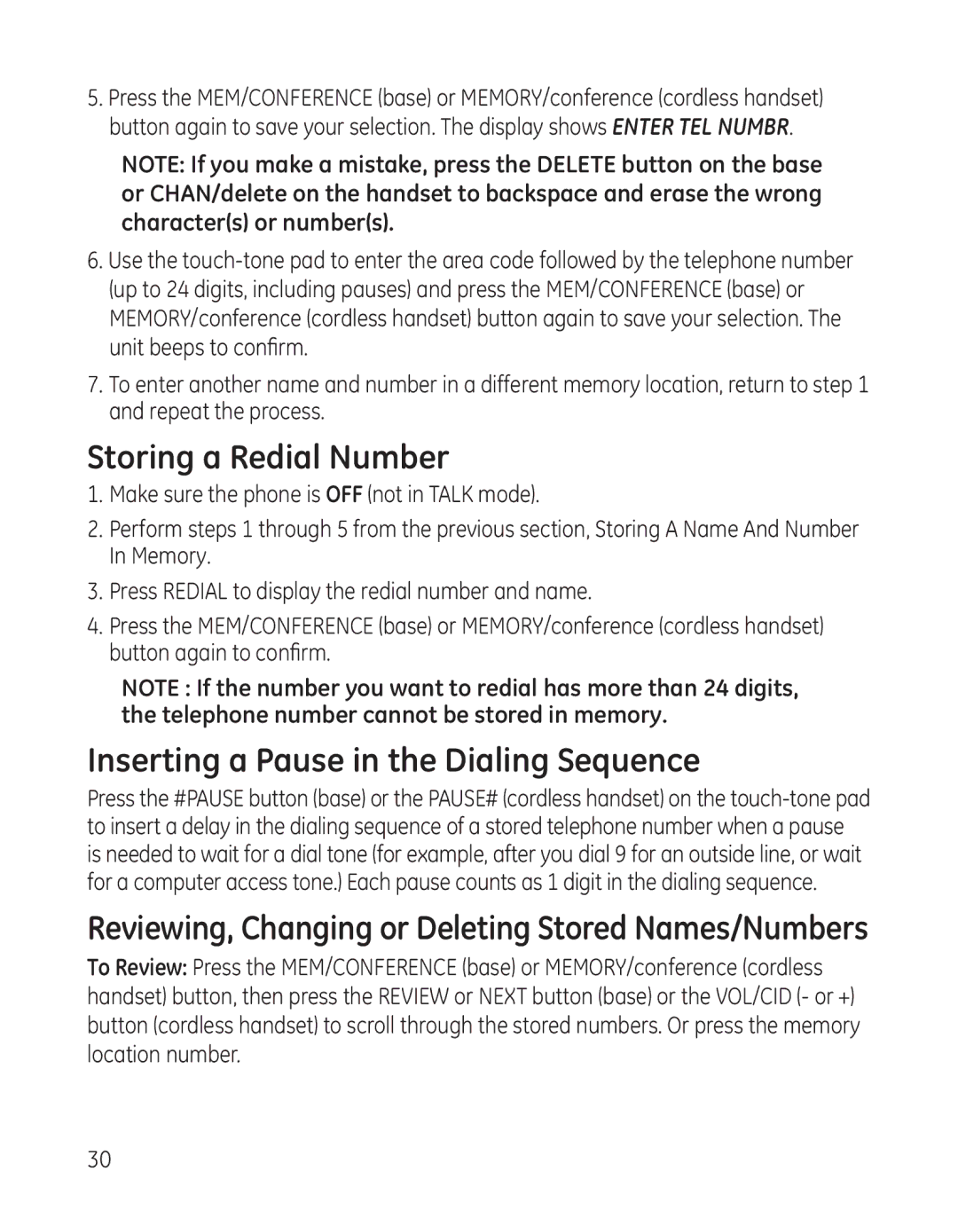 GE 27881 manual Storing a Redial Number, Inserting a Pause in the Dialing Sequence 