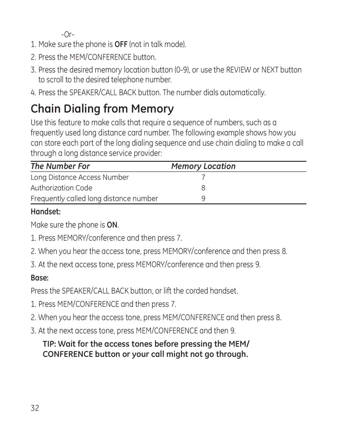 GE 27881 manual Chain Dialing from Memory, Number For 