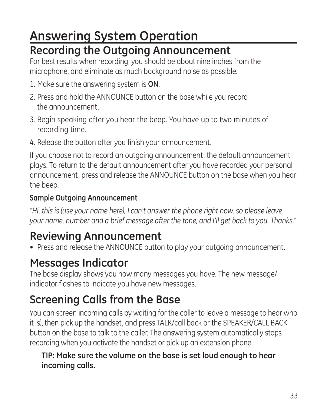 GE 27881 manual Answering System Operation, Recording the Outgoing Announcement, Reviewing Announcement, Messages Indicator 