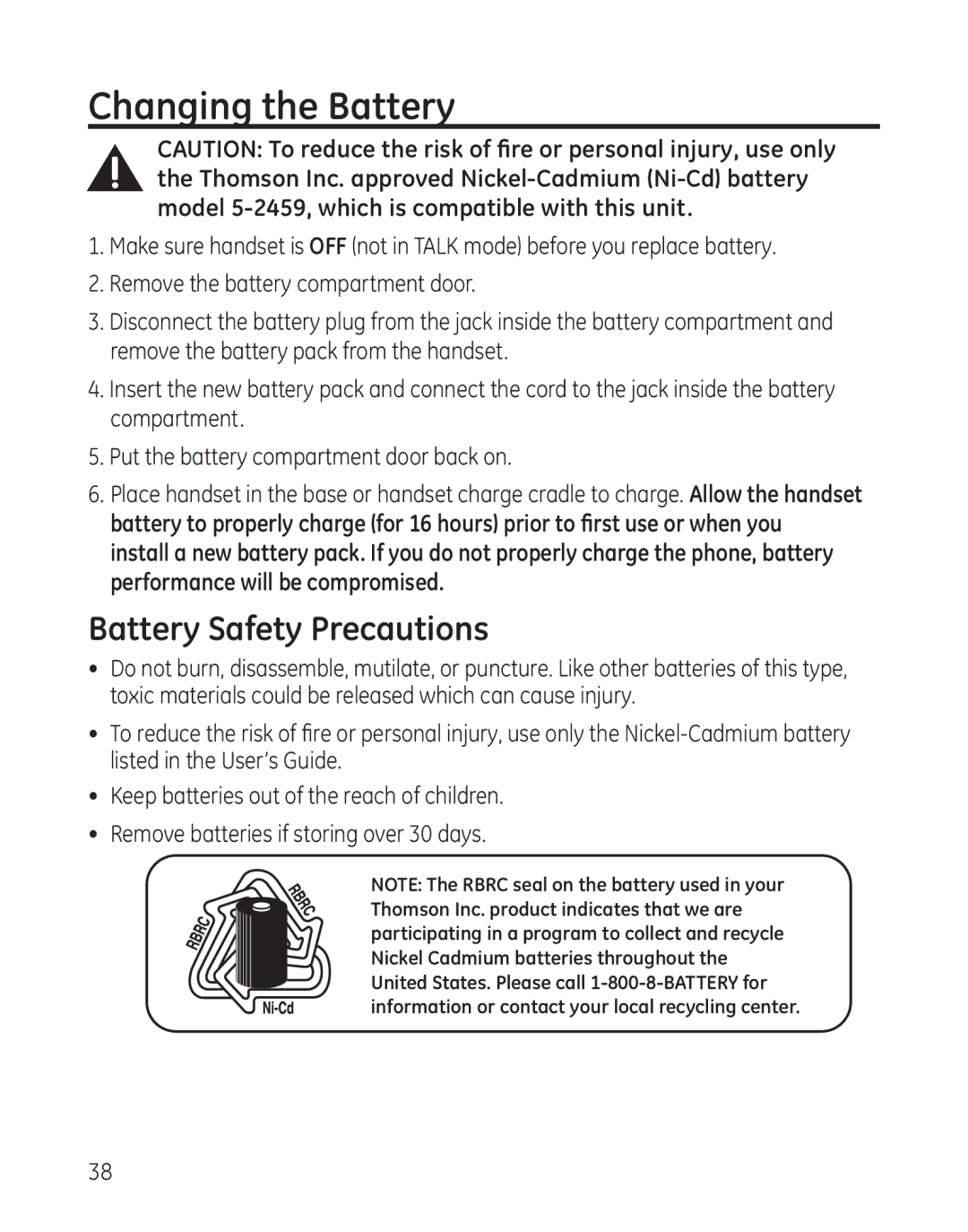 GE 27881 manual Changing the Battery, Battery Safety Precautions 