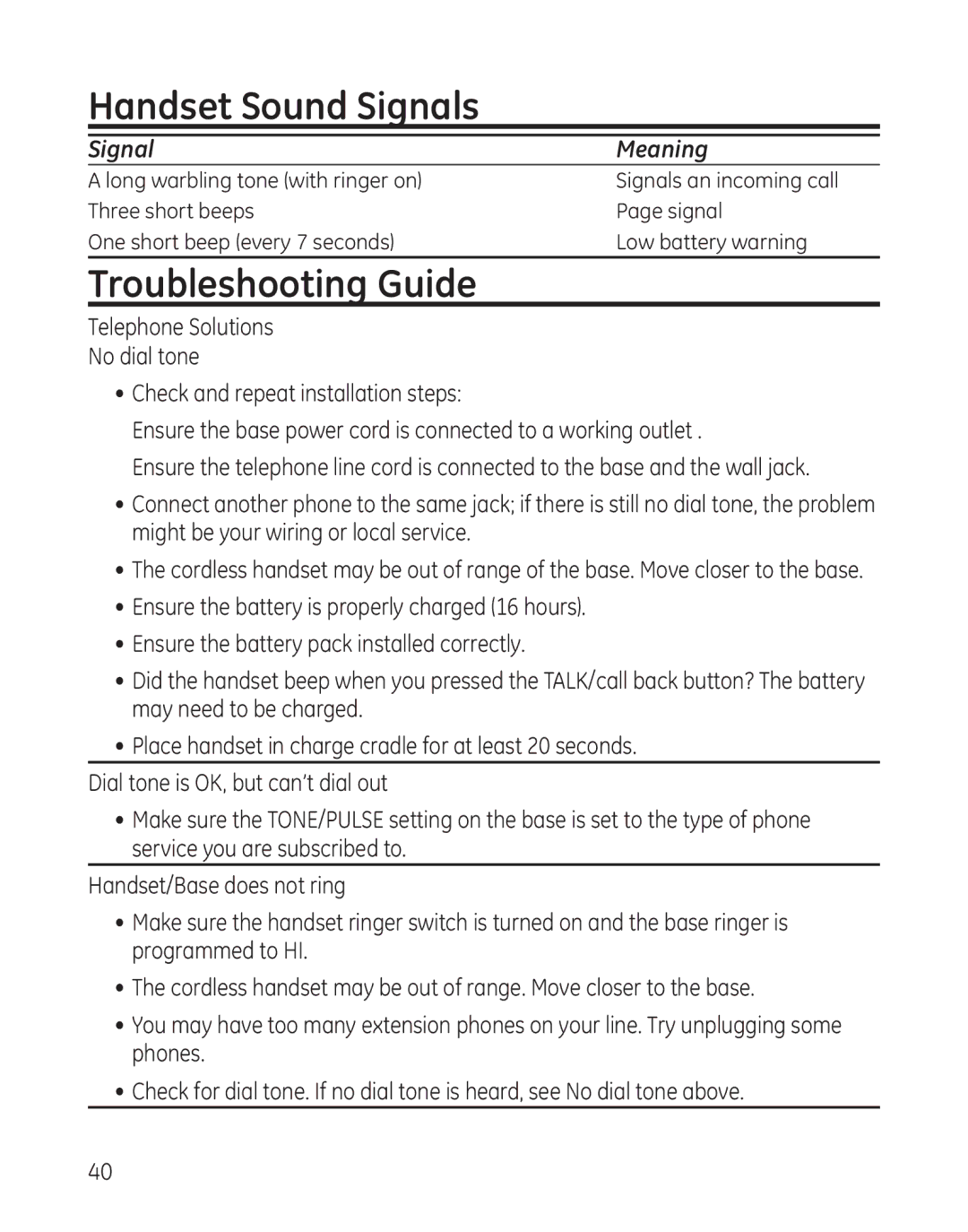 GE 27881 manual Handset Sound Signals, Troubleshooting Guide 