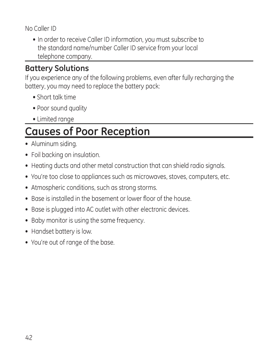 GE 27881 manual Causes of Poor Reception, Battery Solutions 