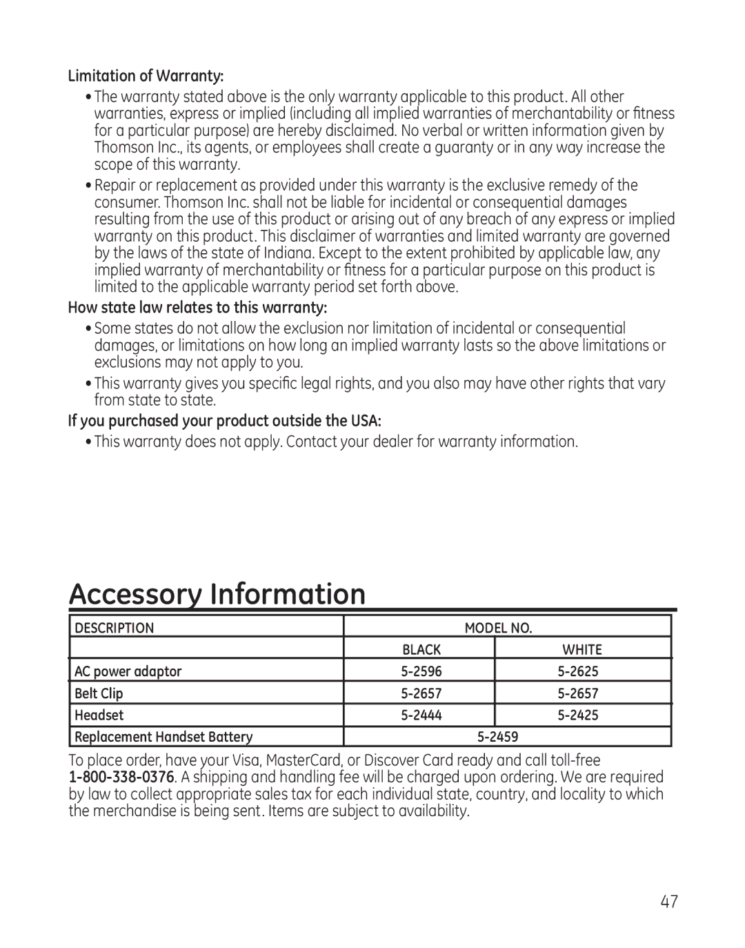 GE 27881 manual Accessory Information, Limitation of Warranty, How state law relates to this warranty 