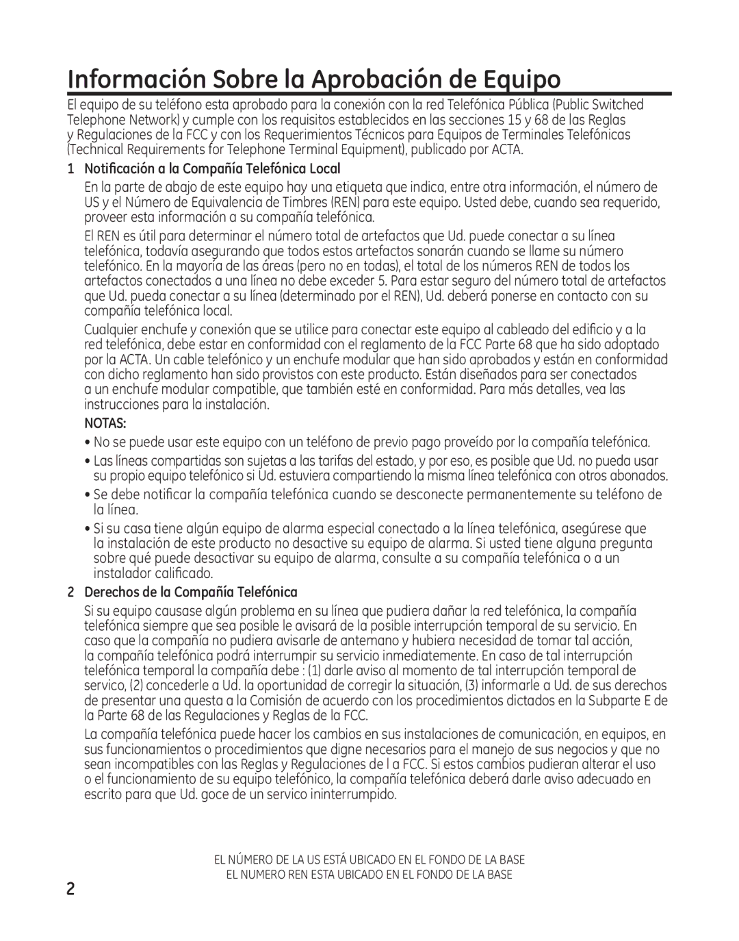 GE 27881 manual Información Sobre la Aprobación de Equipo, Notificación a la Compañía Telefónica Local 