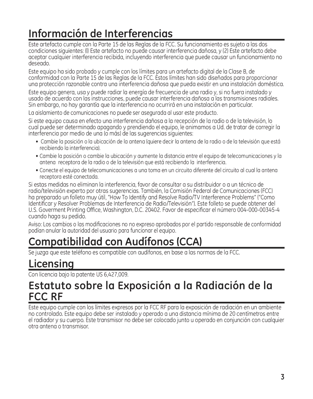 GE 27881 manual Información de Interferencias, Compatibilidad con Audífonos CCA, Licensing 