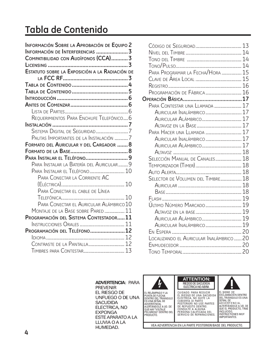 GE 27881 manual Tabla de Contenido 