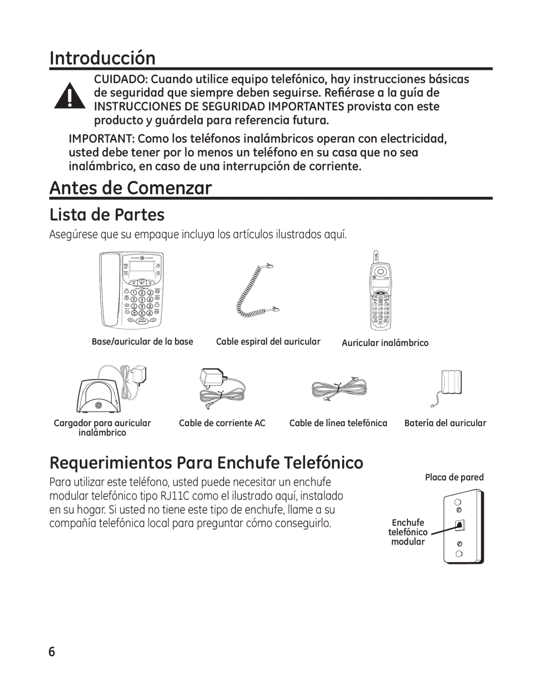 GE 27881 manual Introducción, Antes de Comenzar, Lista de Partes, Requerimientos Para Enchufe Telefónico 