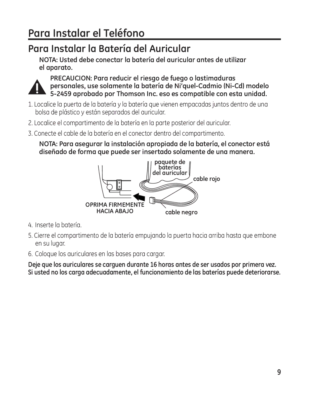 GE 27881 manual Para Instalar el Teléfono, Para Instalar la Batería del Auricular 