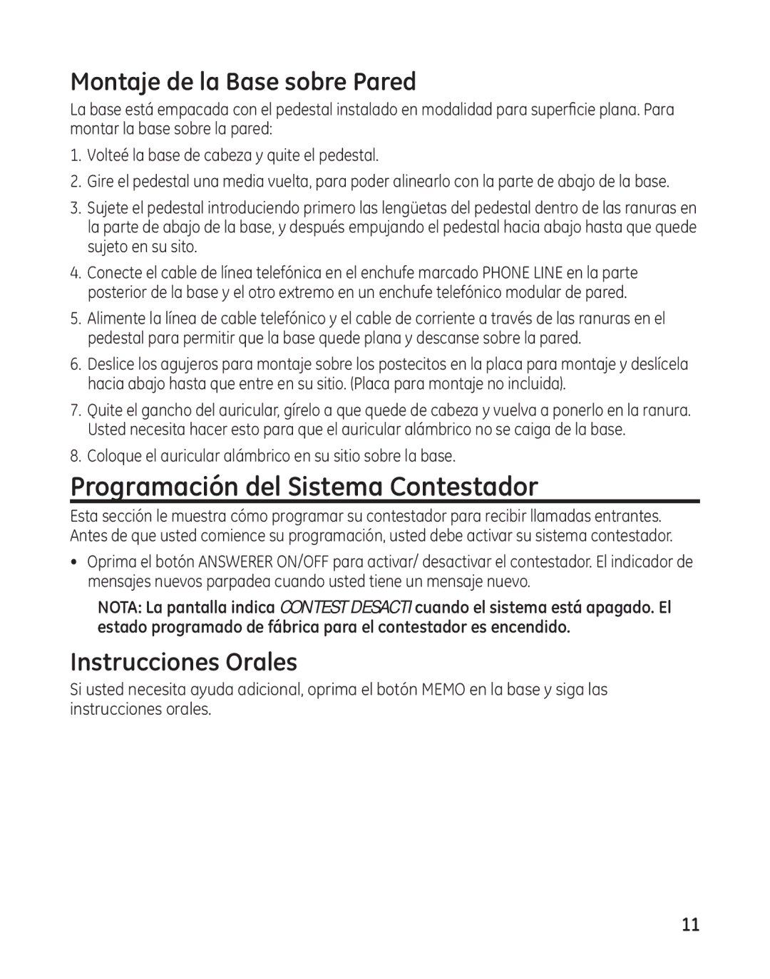 GE 27881 manual Programación del Sistema Contestador, Montaje de la Base sobre Pared, Instrucciones Orales 