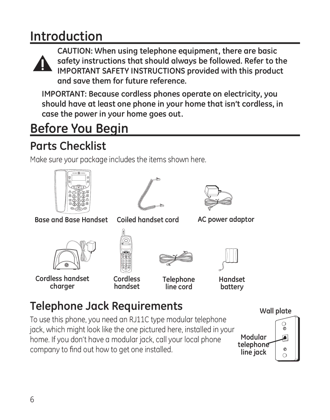 GE 27881 manual Introduction, Before You Begin, Parts Checklist, Telephone Jack Requirements 