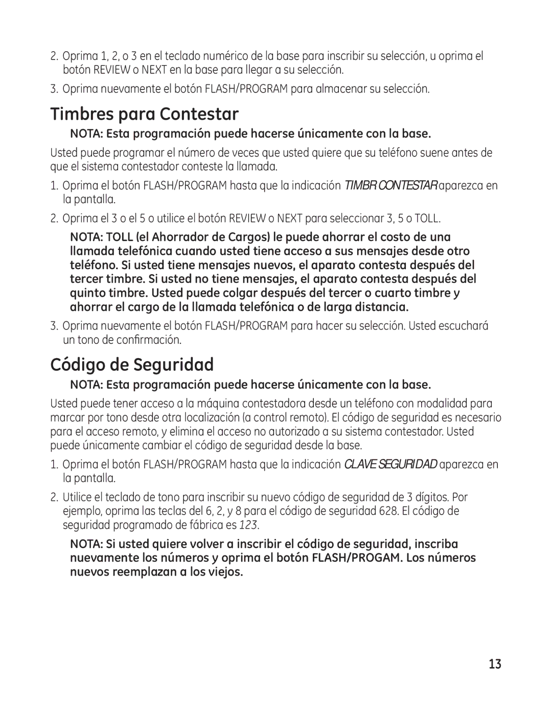 GE 27881 manual Timbres para Contestar, Código de Seguridad, Nota Esta programación puede hacerse únicamente con la base 