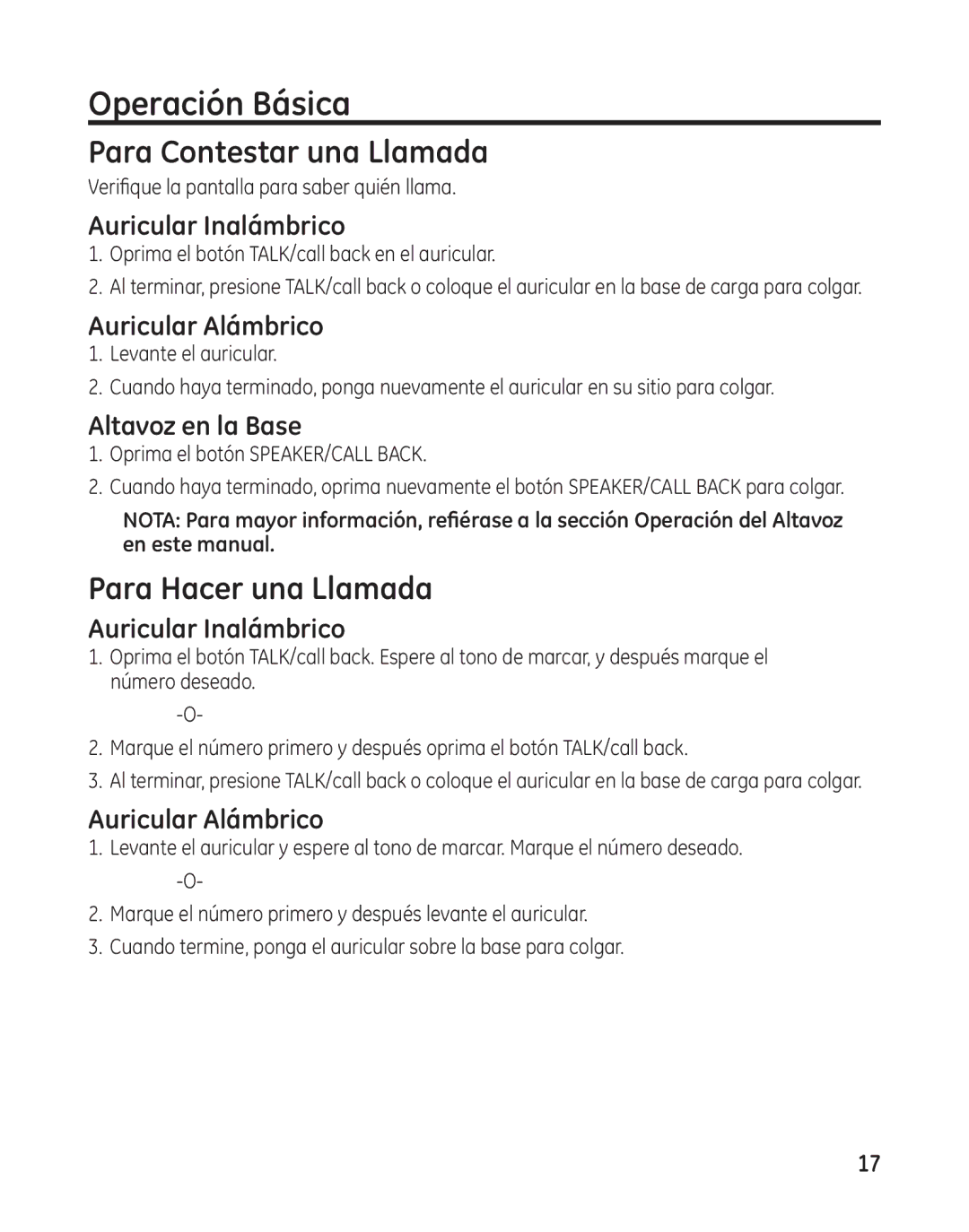 GE 27881 manual Operación Básica, Para Contestar una Llamada, Para Hacer una Llamada 