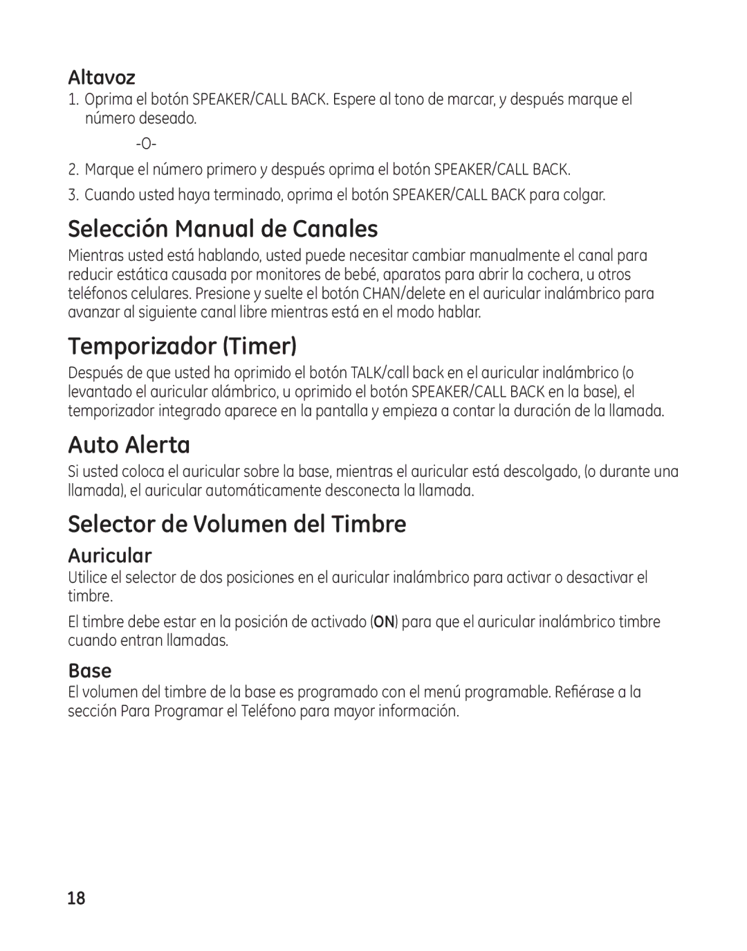 GE 27881 manual Selección Manual de Canales, Temporizador Timer, Auto Alerta, Selector de Volumen del Timbre 