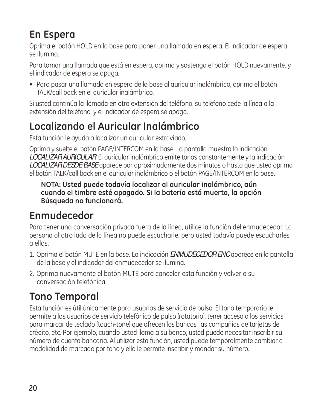 GE 27881 manual En Espera, Localizando el Auricular Inalámbrico, Enmudecedor, Tono Temporal 