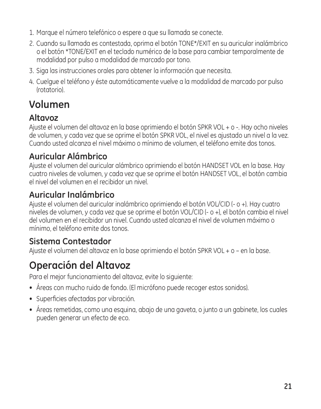 GE 27881 manual Volumen, Operación del Altavoz, Sistema Contestador 