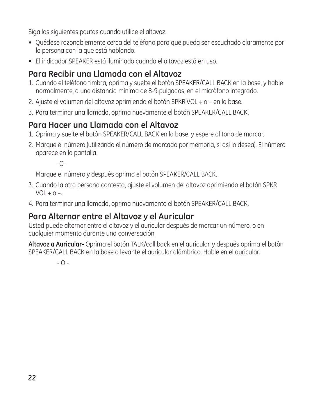 GE 27881 manual Para Recibir una Llamada con el Altavoz, Para Hacer una Llamada con el Altavoz 