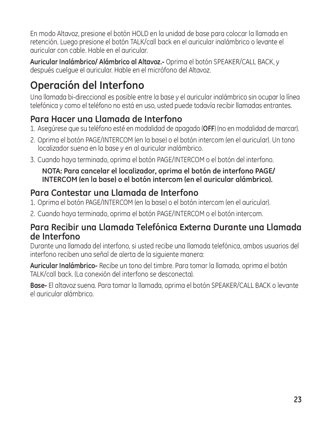 GE 27881 manual Operación del Interfono, Para Hacer una Llamada de Interfono, Para Contestar una Llamada de Interfono 