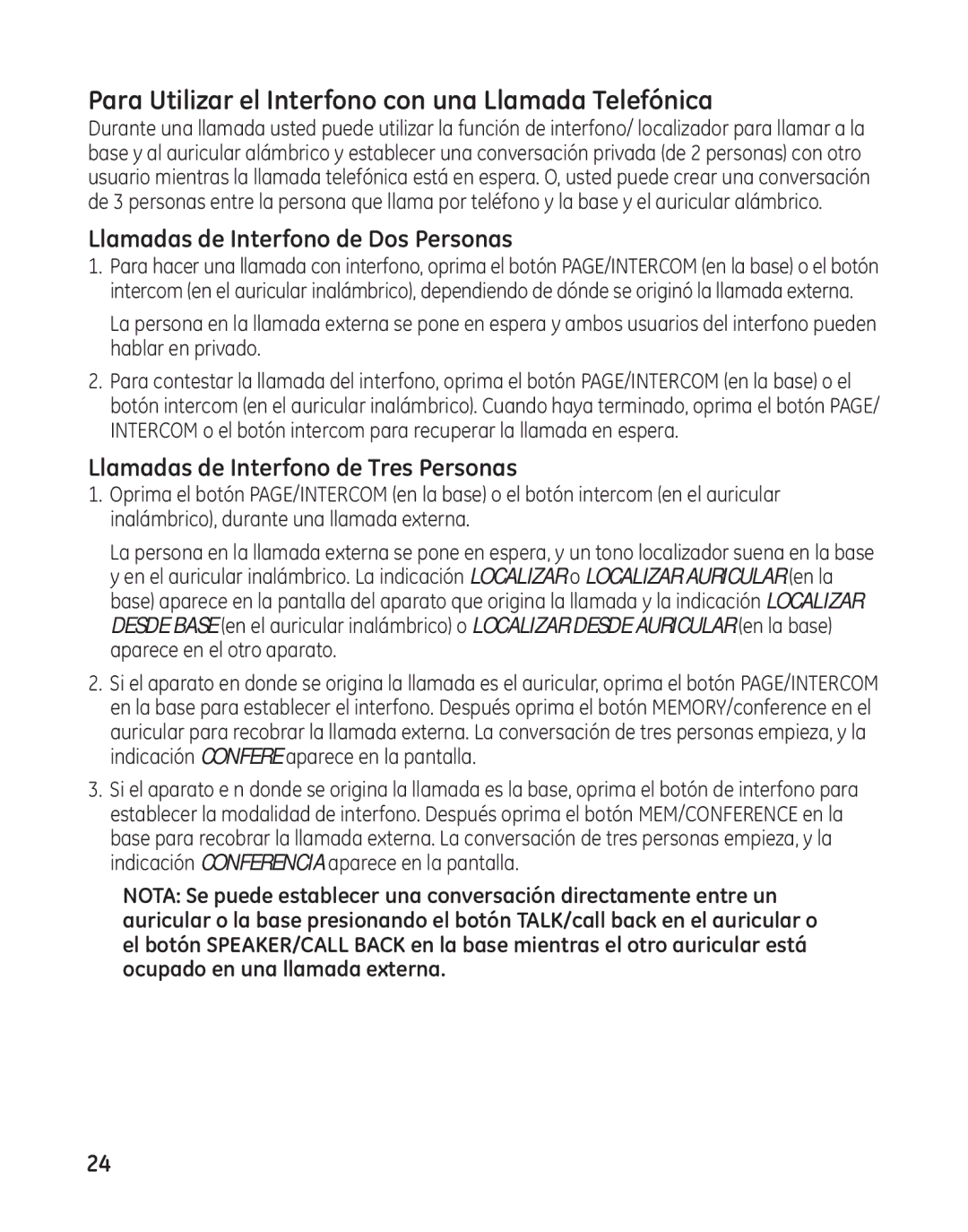 GE 27881 manual Para Utilizar el Interfono con una Llamada Telefónica, Llamadas de Interfono de Dos Personas 