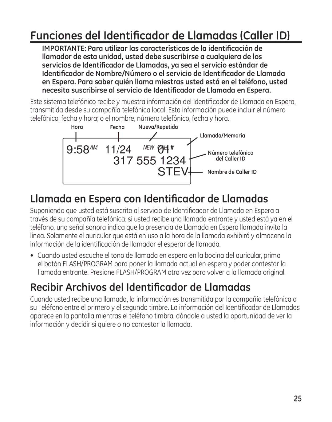 GE 27881 manual Funciones del Identificador de Llamadas Caller ID, Llamada en Espera con Identificador de Llamadas 