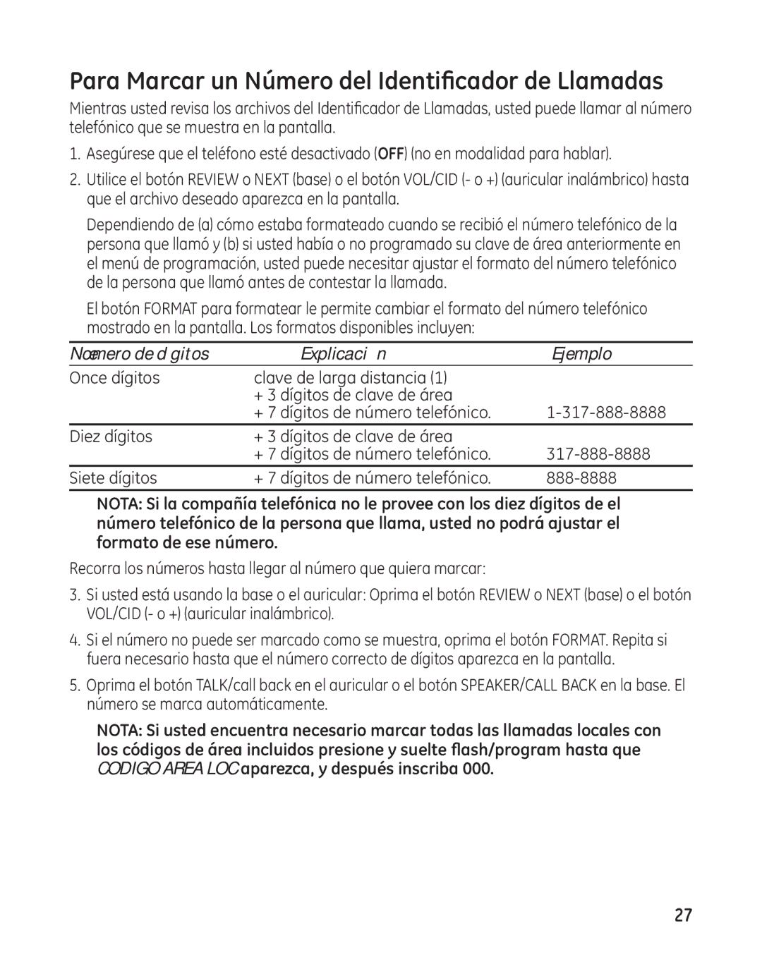 GE 27881 manual Para Marcar un Número del Identificador de Llamadas, Número de dígitos Explicación Ejemplo 