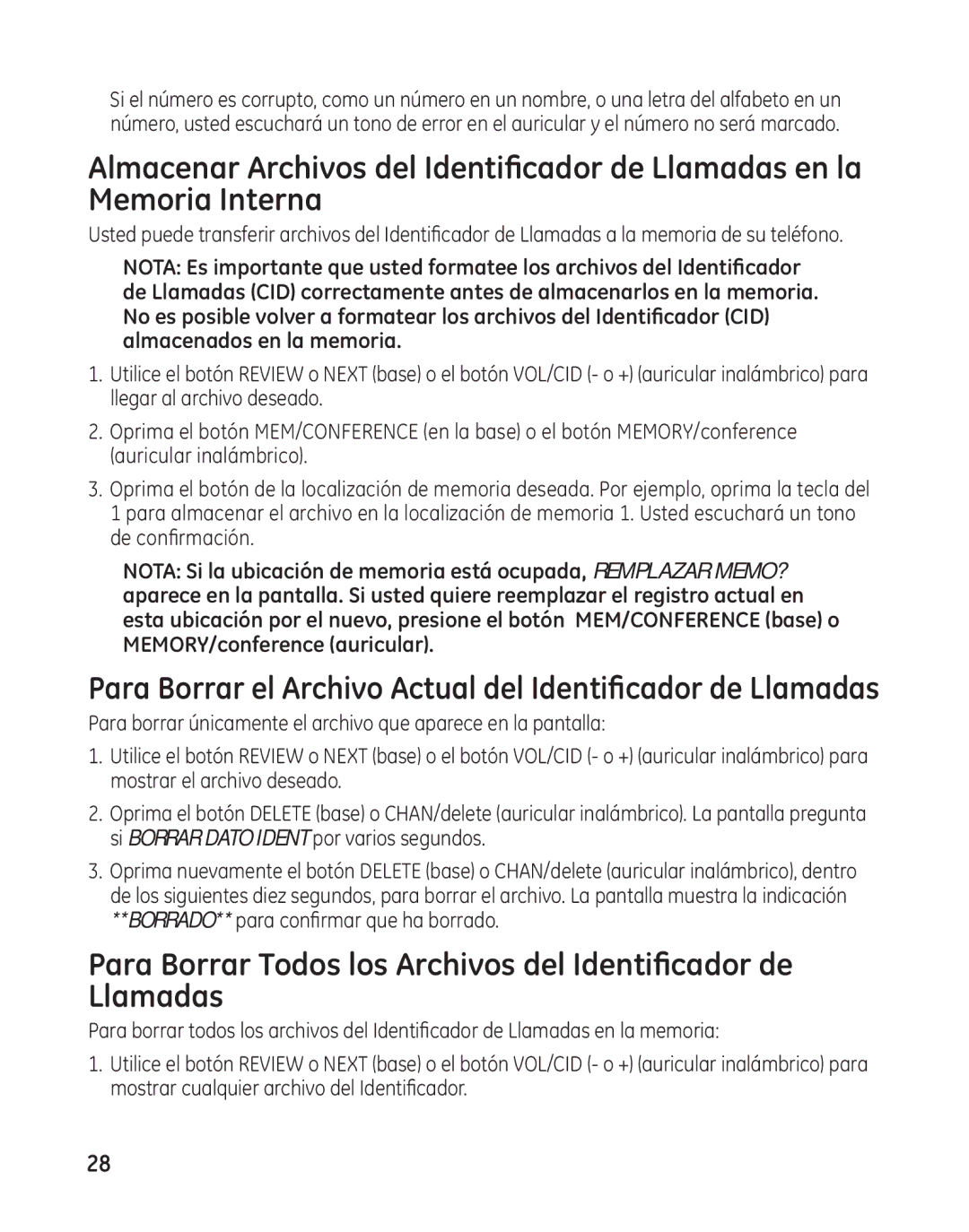 GE 27881 manual Para Borrar el Archivo Actual del Identificador de Llamadas 