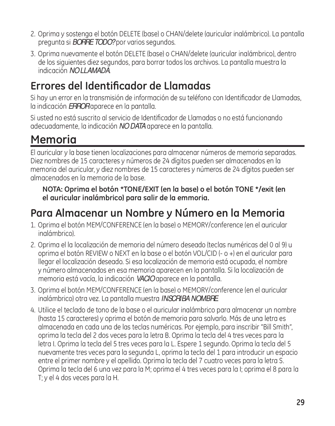 GE 27881 manual Errores del Identificador de Llamadas, Para Almacenar un Nombre y Número en la Memoria 