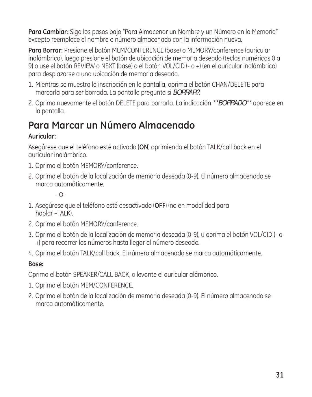 GE 27881 manual Para Marcar un Número Almacenado, Auricular, Base 