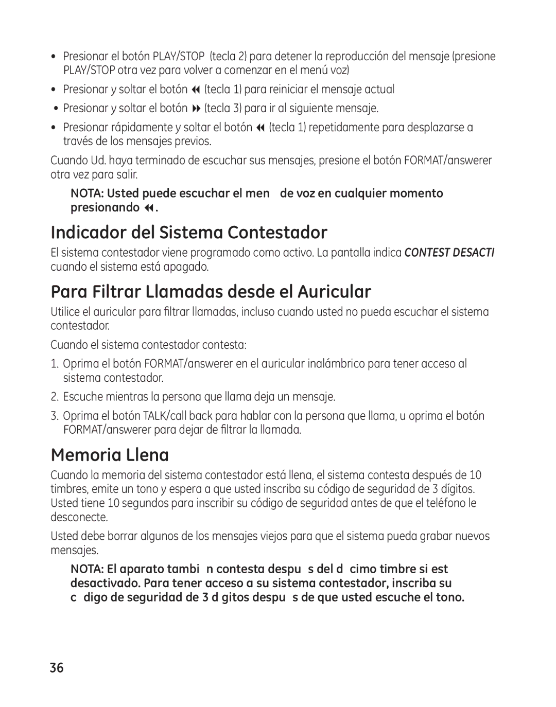 GE 27881 manual Indicador del Sistema Contestador, Para Filtrar Llamadas desde el Auricular 