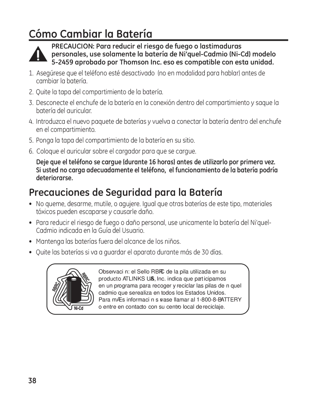 GE 27881 manual Cómo Cambiar la Batería, Precauciones de Seguridad para la Batería 