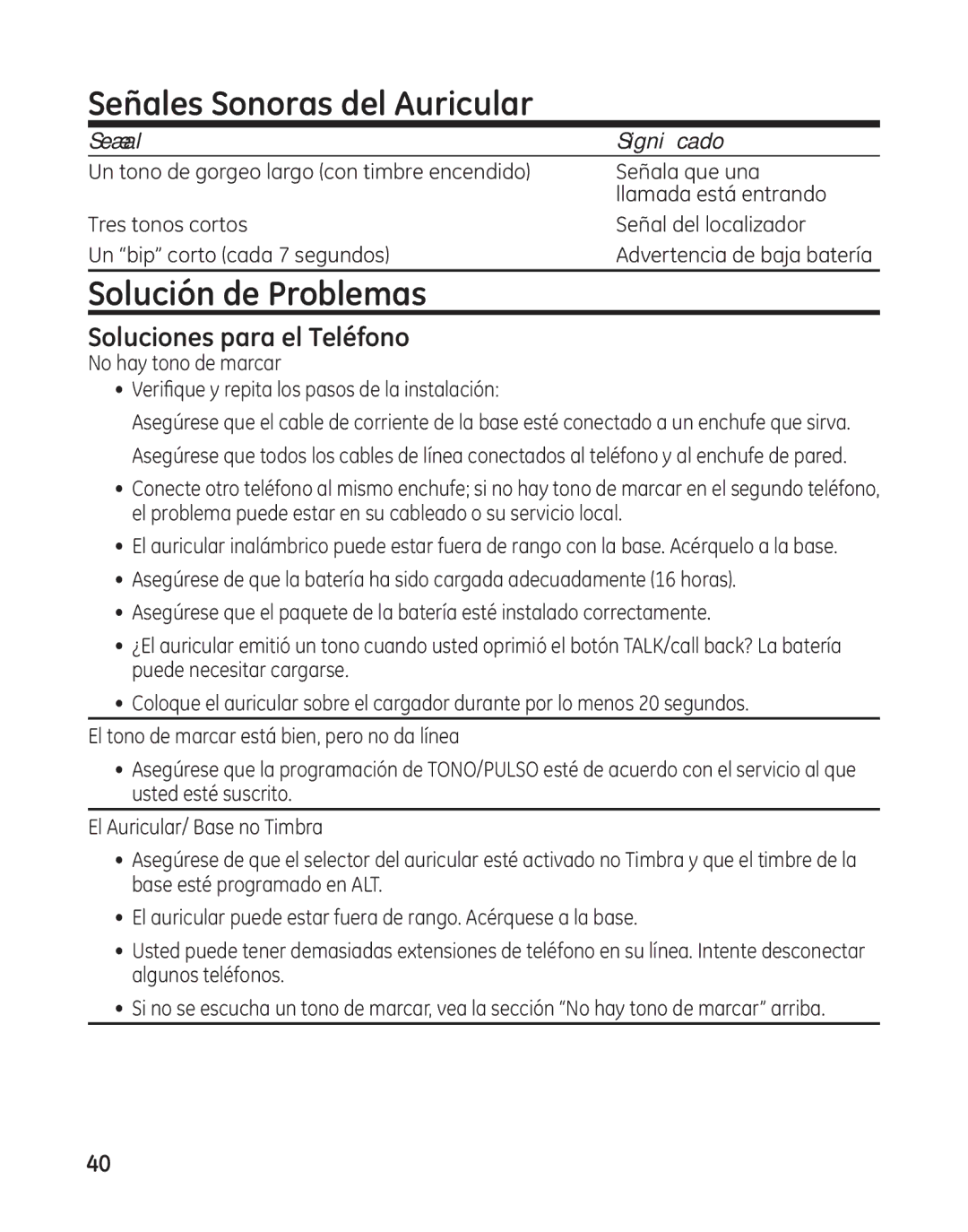 GE 27881 manual Señales Sonoras del Auricular, Solución de Problemas, Soluciones para el Teléfono 