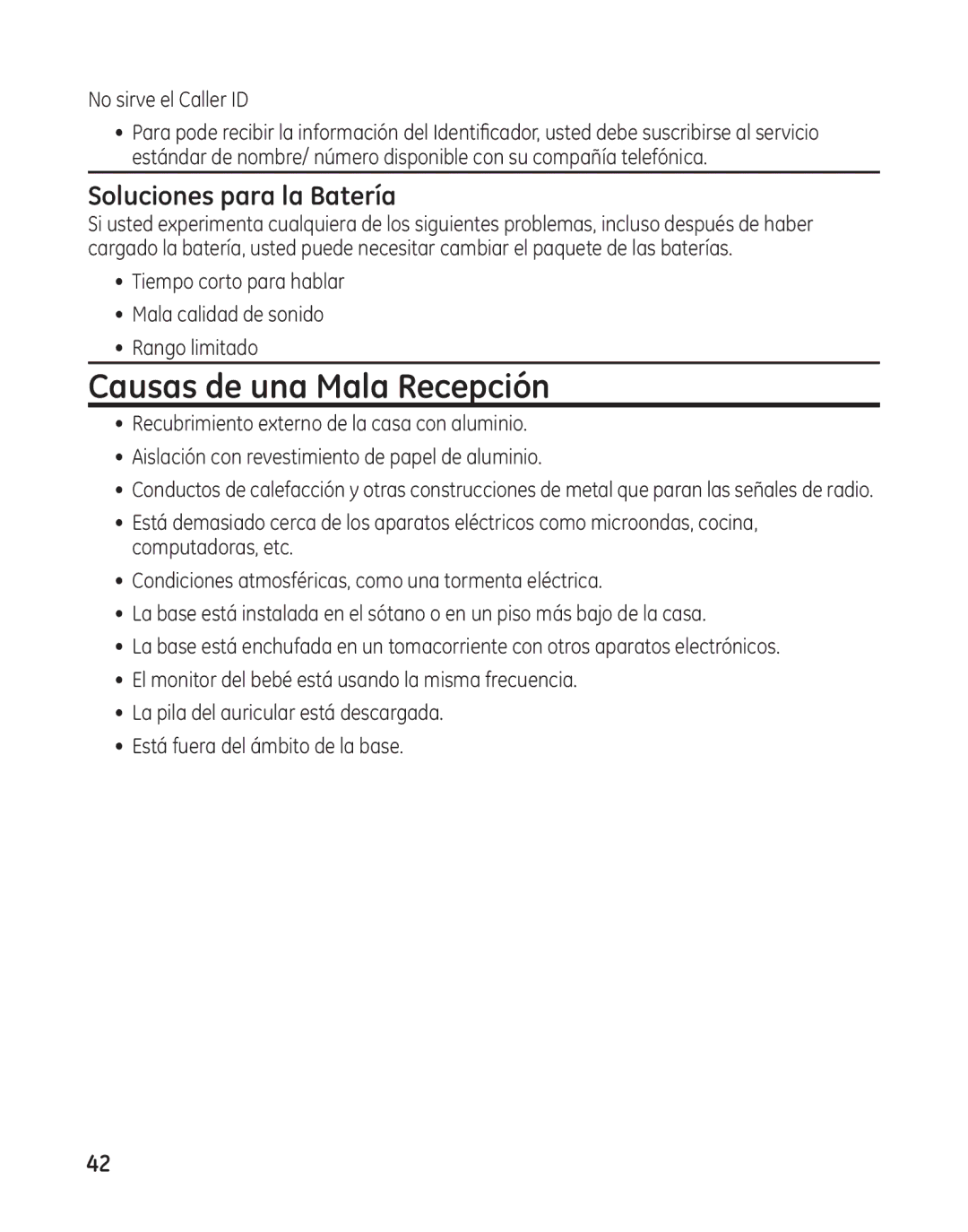 GE 27881 manual Causas de una Mala Recepción, Soluciones para la Batería 