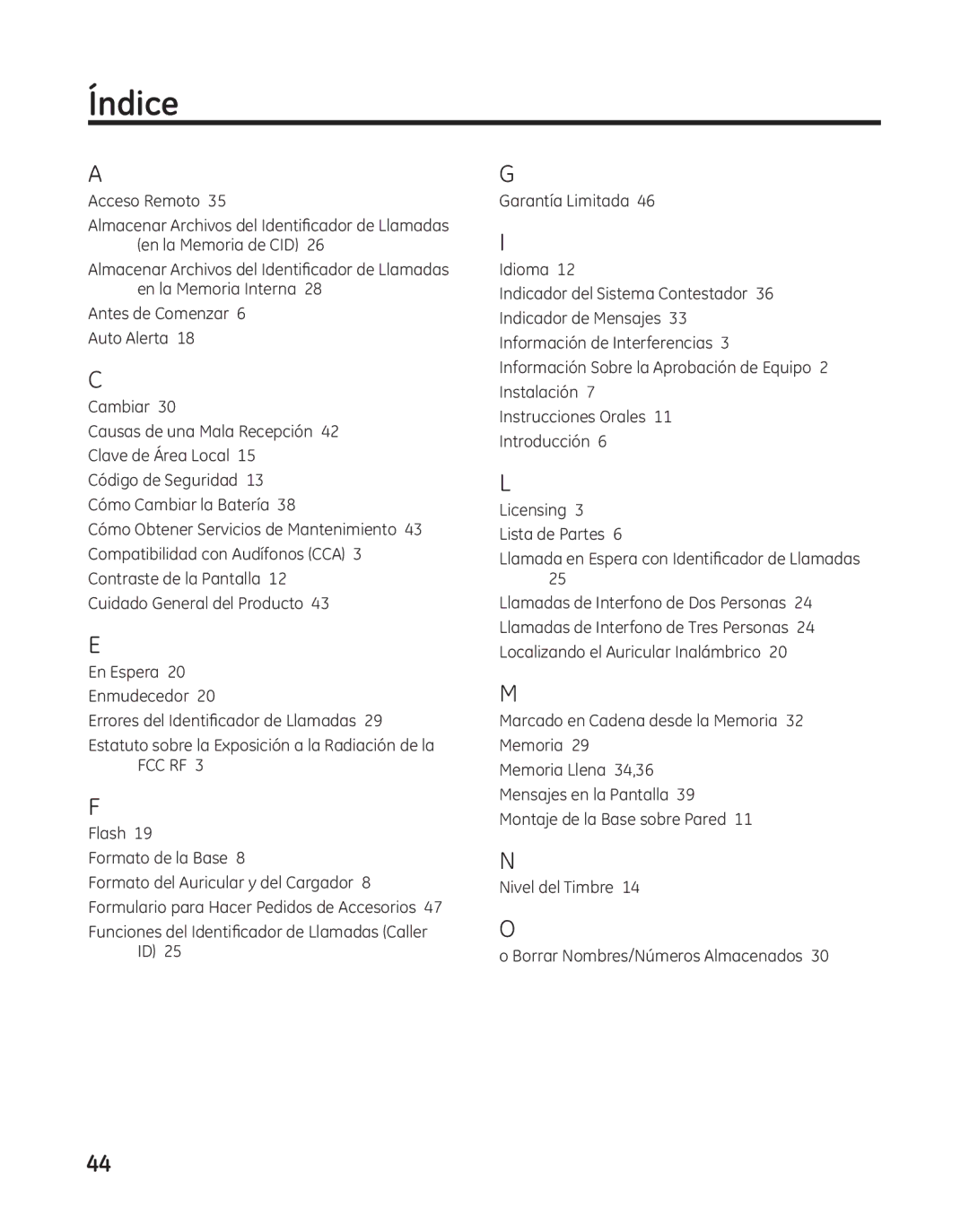 GE 27881 manual Índice, Fcc Rf 