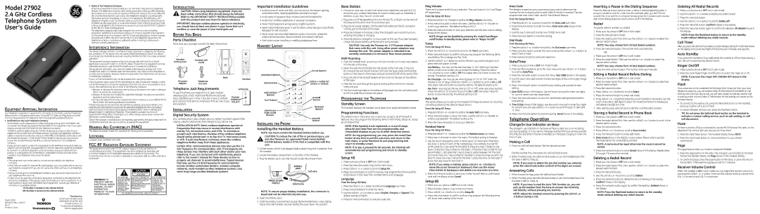 GE 27902 important safety instructions Parts Checklist, Important Installation Guidelines, Base Station, Redial, Date/Time 