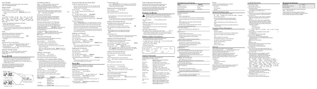 GE 27903 Auto Standby, Ringer On/Off, Flash, Mute, Receiver Volume Control, Call Waiting Caller ID, Receiving CID Records 