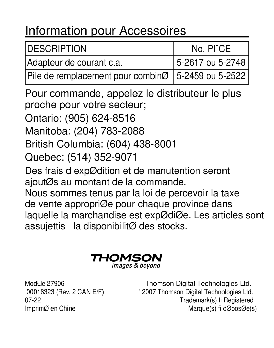 GE 27906 manual Information pour Accessoires 