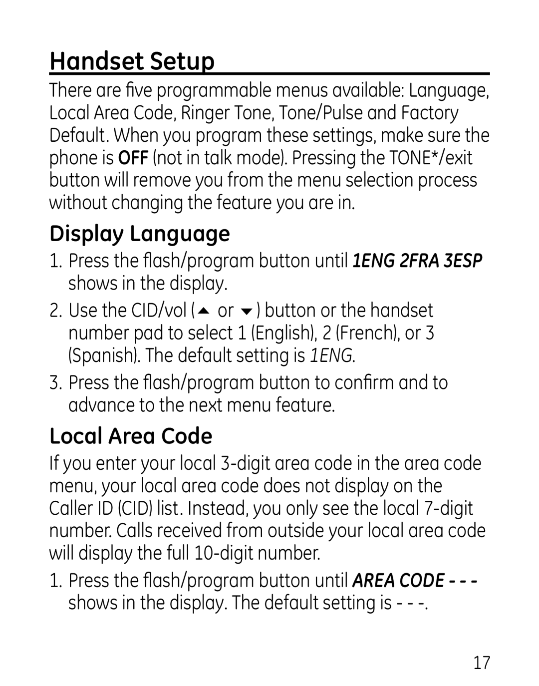 GE 27906 manual Handset Setup, Display Language, Local Area Code 