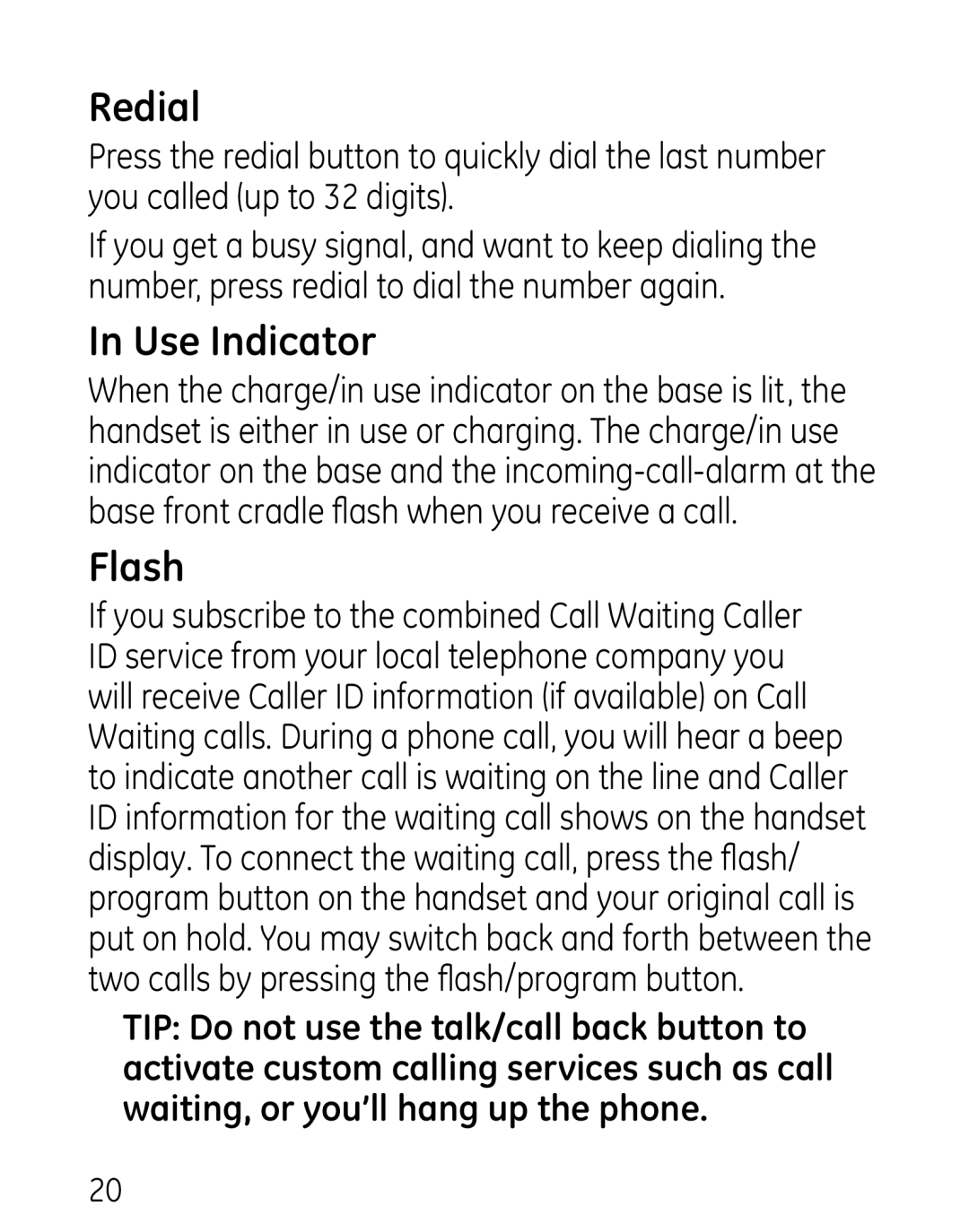 GE 27906 manual Redial, Use Indicator, Flash 