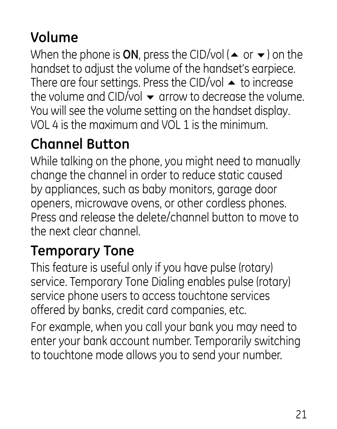 GE 27906 manual Volume, Channel Button, Temporary Tone 