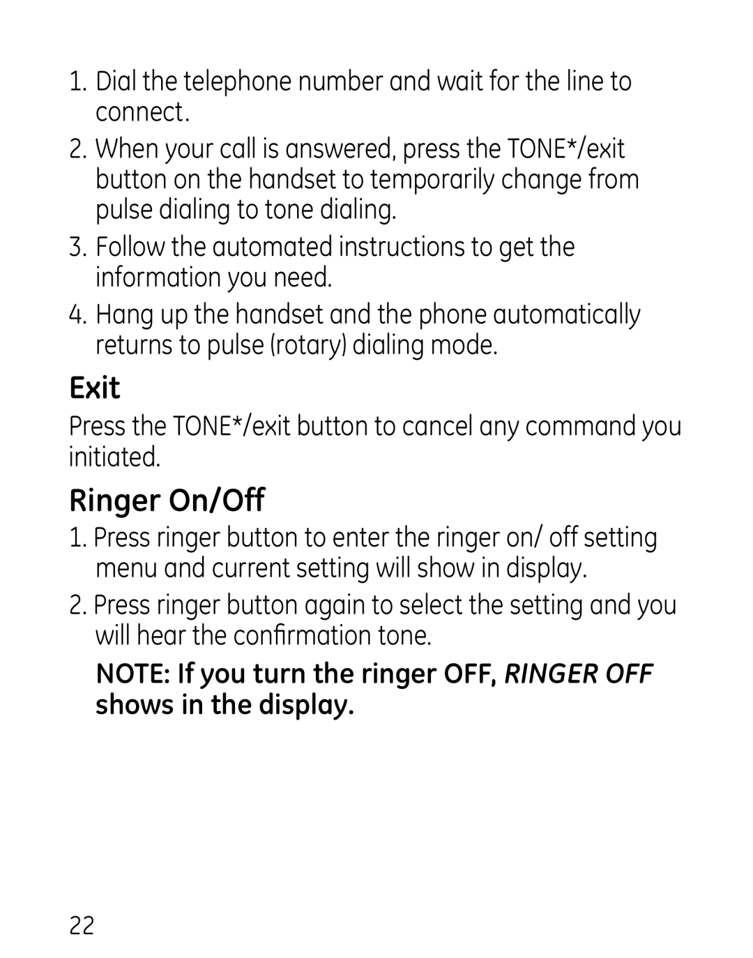 GE 27906 manual Exit, Ringer On/Off 