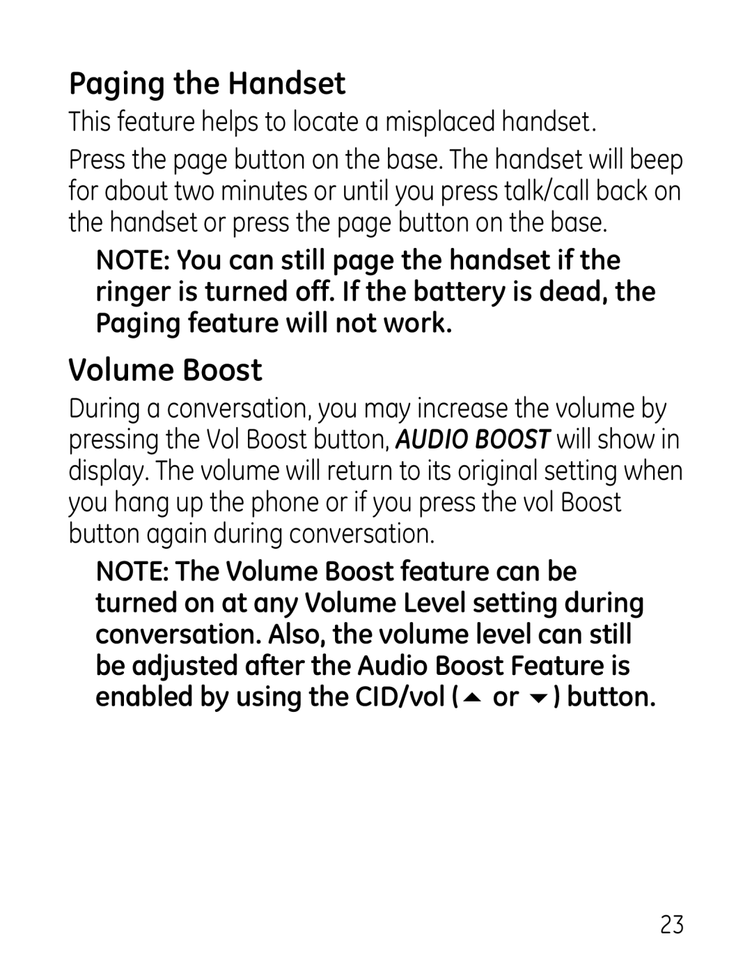 GE 27906 manual Paging the Handset, Volume Boost 