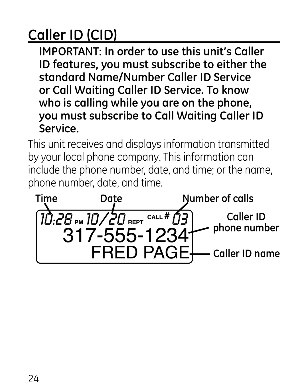 GE 27906 manual Caller ID CID 