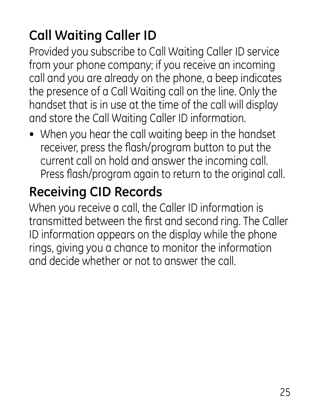 GE 27906 manual Call Waiting Caller ID, Receiving CID Records 